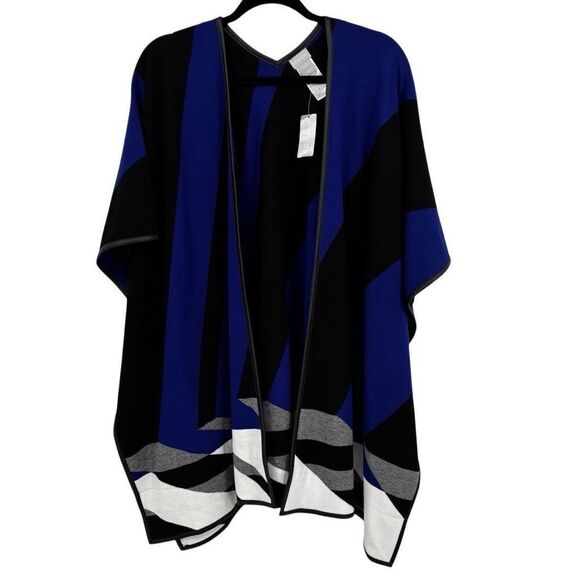 Chico’s Faux Leather Trim Sweater Ruana Blue Seafaring Blue Size S/M - Picture 4 of 11